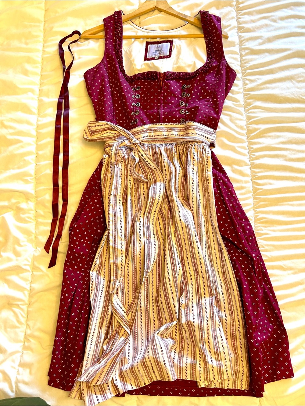 Burgundy Dirndl Dress with Striped Apron